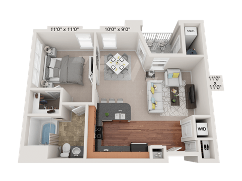 Floor plan for 1 bed, 1 bath, 736 sqft
